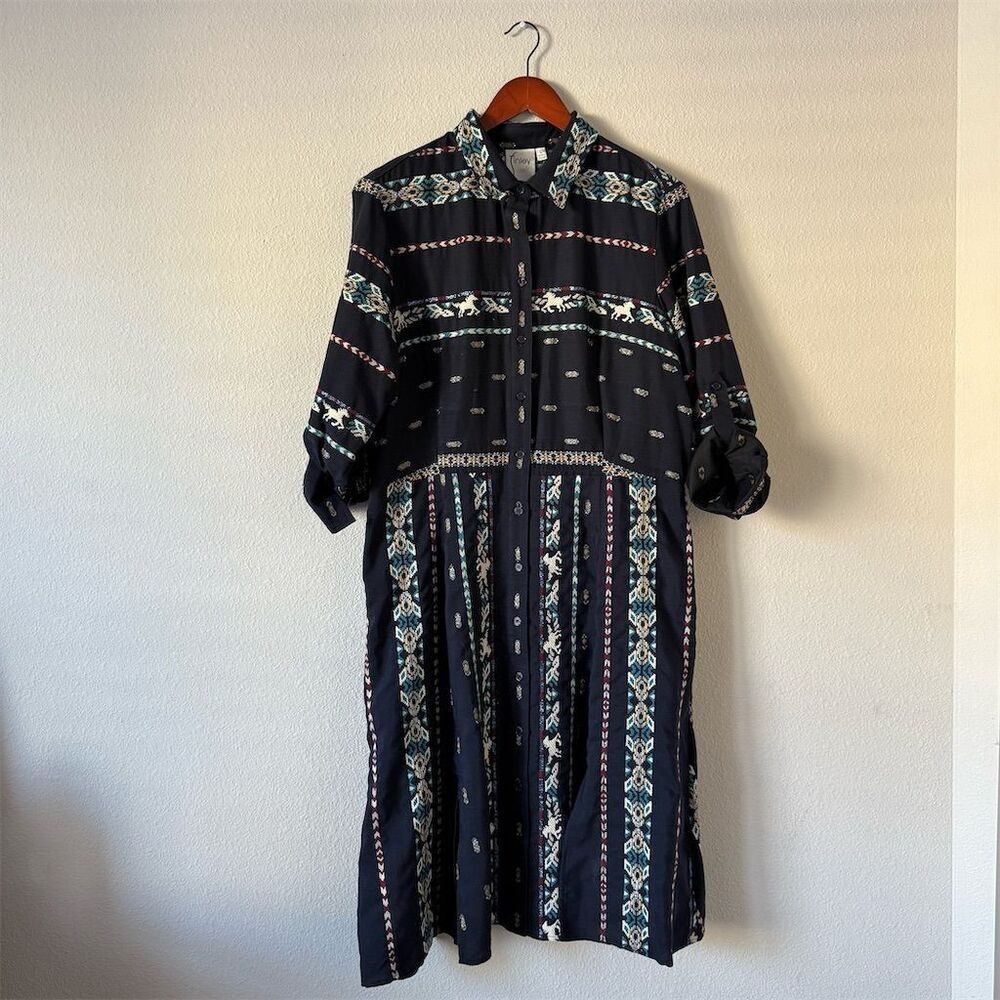 Finley Jeanette Taos Western Shirt Dress Women's L  Navy Blue Equestrian Horse